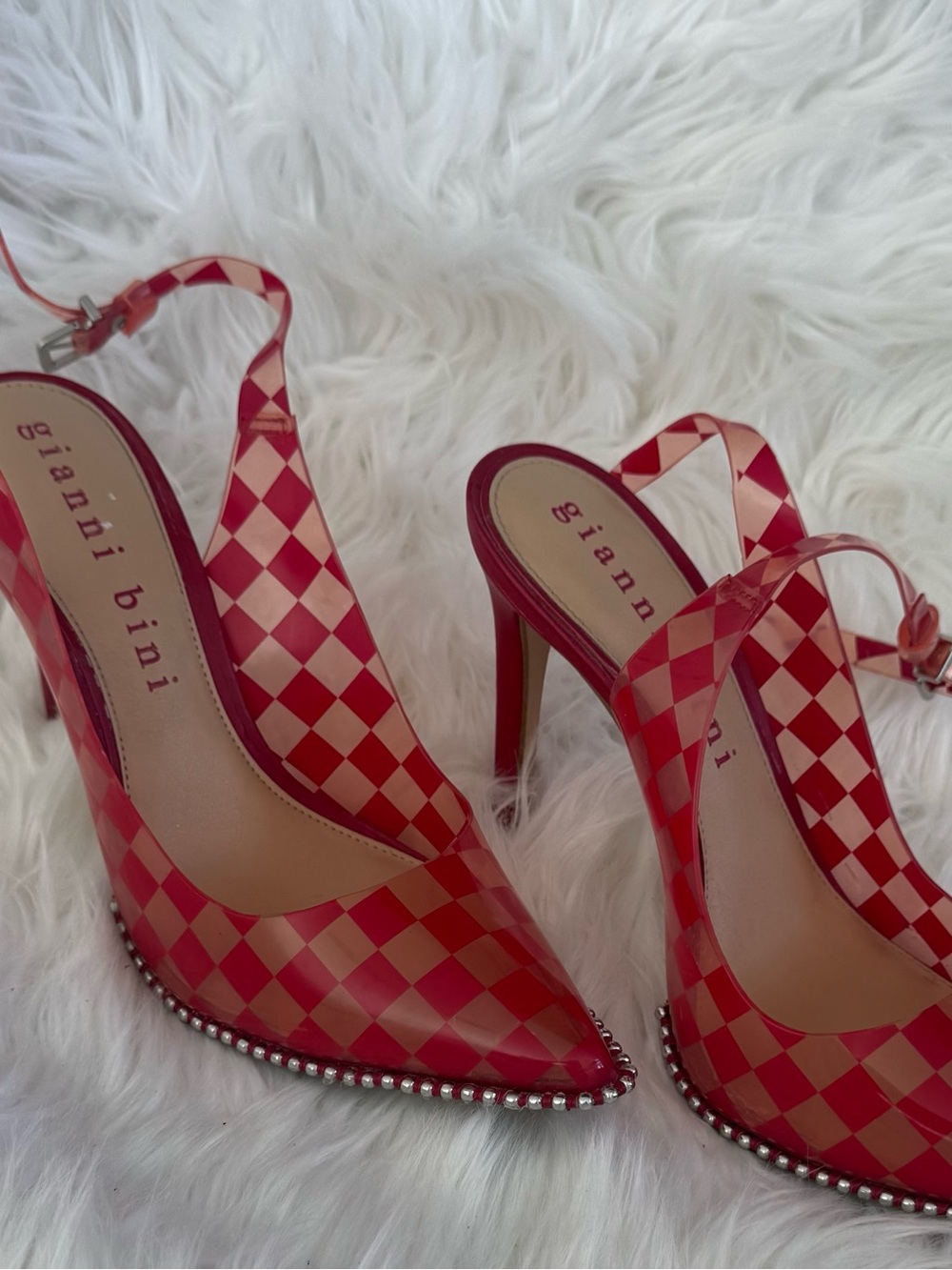 Gianni Bini Red and Light Pink Checkered Slingback Heels